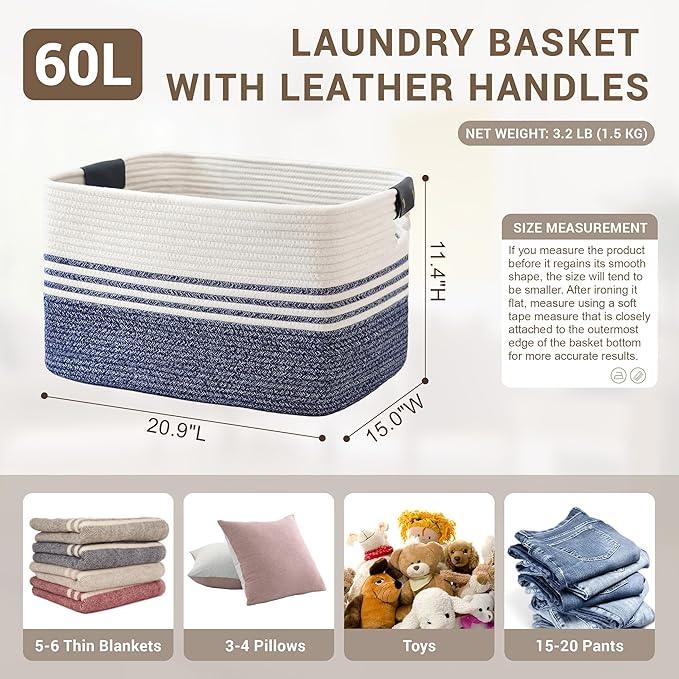 60L Large Laundry Basket with Leather Handles for Living Room Storage, Woven Rope Baskets Bin for Blanket, Kids Toy, Gifts, Wicker Hamper for Bedroom Dirty Clothes, 21"x15"x11" Denim Blue - ModernBath