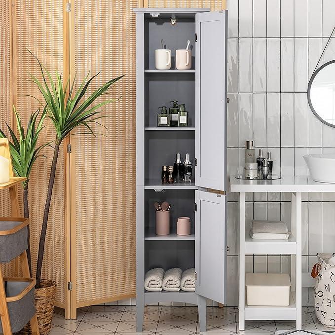 Tangkula Tall Bathroom Storage Cabinet, 5-Tier Wooden Freestanding Tower Cabinet Floor Organizer, Narrow Storage Floor Cabinet w/2 Doors & Shelves for Bathroom Living Room Kitchen (Grey) - ModernBath