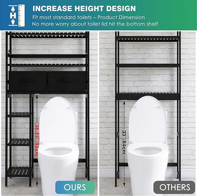 SMIBUY Over-The-Toilet Storage Rack, 6-Tier Bamboo Large Bathroom Organizer with Side Shelves and 2 Drawers, Stable Freestanding Space Saver for Bathroom, Laundry Room(Black) - ModernBath