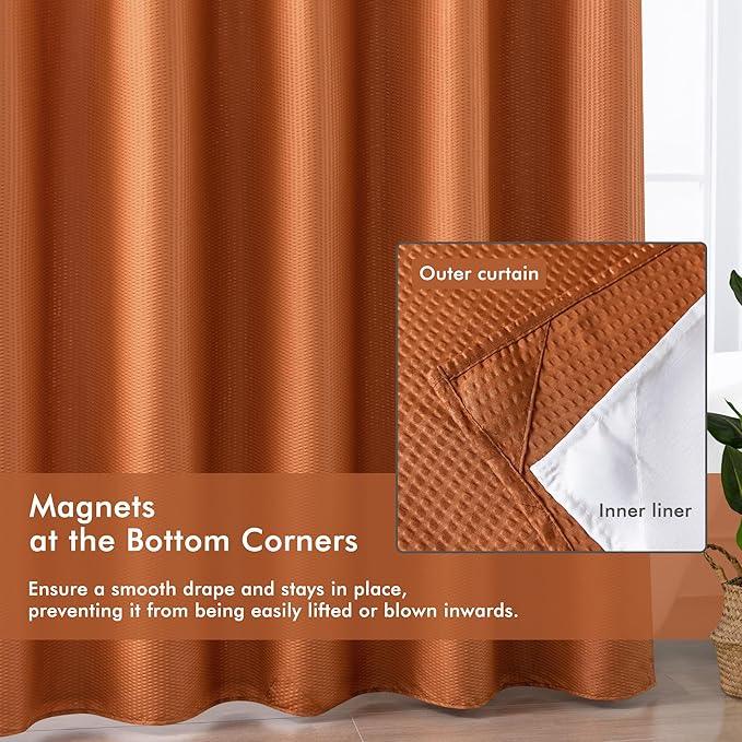 Mrs Awesome No Hook Shower Curtain with Snap-in Liner, Embossed Waffle Design Fabric Shower Curtain for Bathroom, Soft & Lightweight, 71x74, Taerracotta - ModernBath