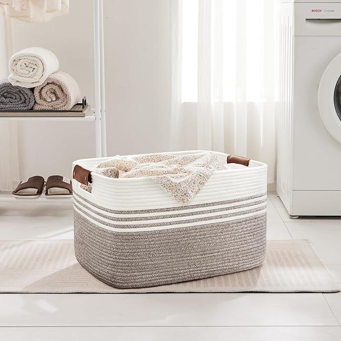 72L Large Laundry Basket with Leather Handles for Living Room Storage, Woven Rope Baskets Bin for Blanket, Kids Toy, Gifts, Wicker Hamper for Bedroom Dirty Clothes, 22"x17"x12" Dark Brown - ModernBath