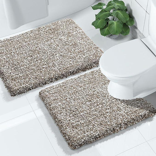 Yimobra Bathroom Rugs Sets 2 Piece, Soft Absorbent Bath Mat and U-Shaped Toilet Rug with Non Slip Backing, Machine Washable, Plush Shaggy Bath Mats for Bathroom, 24"x17"+24"x20", Light Brown and White - ModernBath