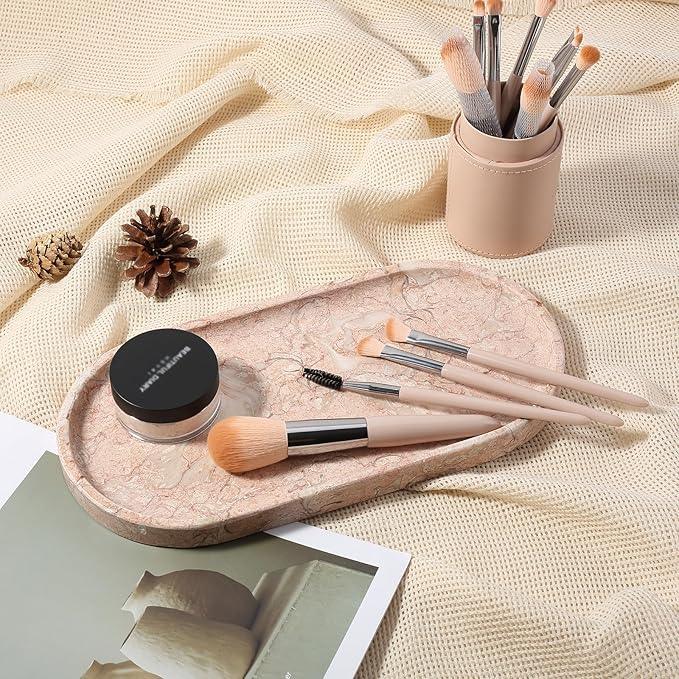 Koville Pink Marble Tray for Bathroom Countertop, Vanity Tray Stone Trays for Decor, Natural Marble Decorative Tray for Dresser Organizer, Storage Trays for Perfume, Jewelry, Cosmetics(Coquille Pink) - ModernBath
