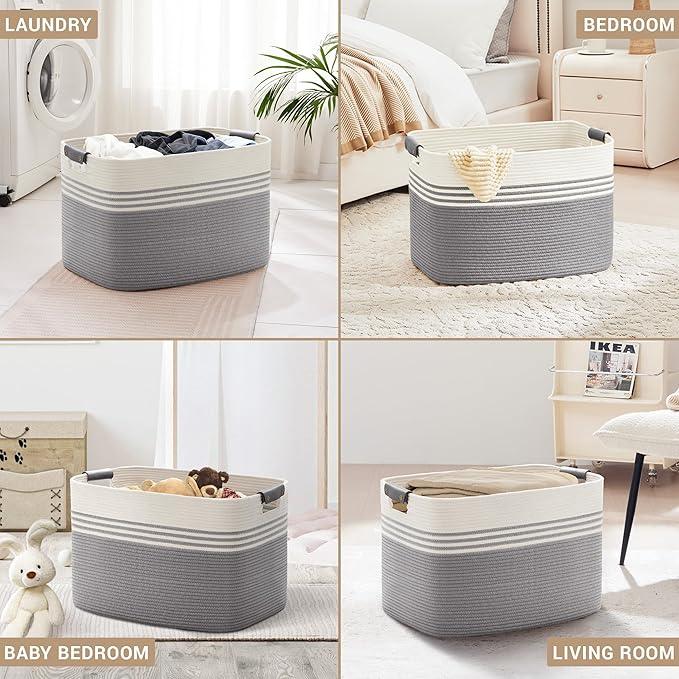 100L Extra Large Laundry Basket with Leather Handles for Living Room Storage, Woven Rope Baskets for Blanket, Kids Toy, Gifts, Wicker Hamper for Bedroom Dirty Clothes, 24"x16"x16" White Grey - ModernBath
