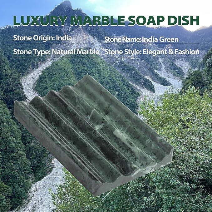 2PCS Koville Indian Natural Green Marble Soap Dish for Shower, Stone Soap Tray for Bathroom, Marble Bar Soap Holder for Sink, Stripe Grooves Soap Saver Sponge Holder - ModernBath