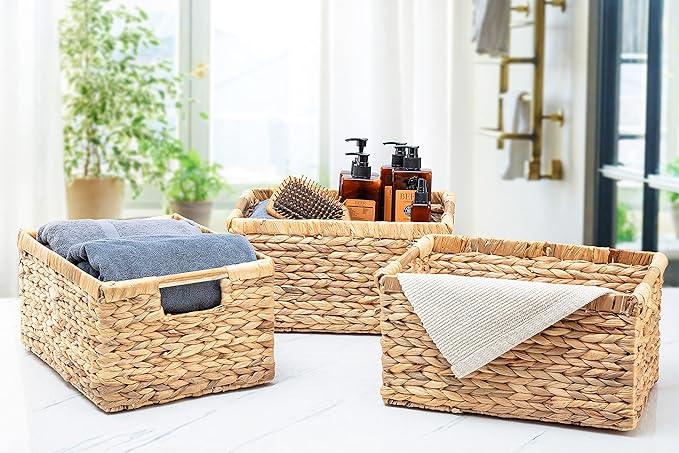Large Wicker Basket Rectangular with Wooden Handles for Shelves, Water Hyacinth Basket Storage, Natural Baskets for Organizing, Wicker Baskets for Storage 14.5 x 10.3 x 7.5 inches - 3 Pack - ModernBath