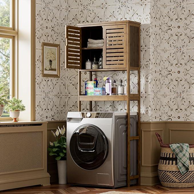 SMIBUY Bathroom Storage Shelf with Cabinet, Bamboo Over-The-Toilet Organizer Rack, Freestanding Toilet Space Saver with 3-Tier Adjustable Shelves (Walnut) - ModernBath