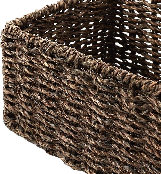 Casafield Set of 2 Bathroom Storage Baskets, Espresso - Seagrass, 16" W x 6.75" D x 4.25" H, Woven Toilet Tank Topper Bins for Organizing Tissues, Toilet Paper, Toiletries, Shelves - ModernBath