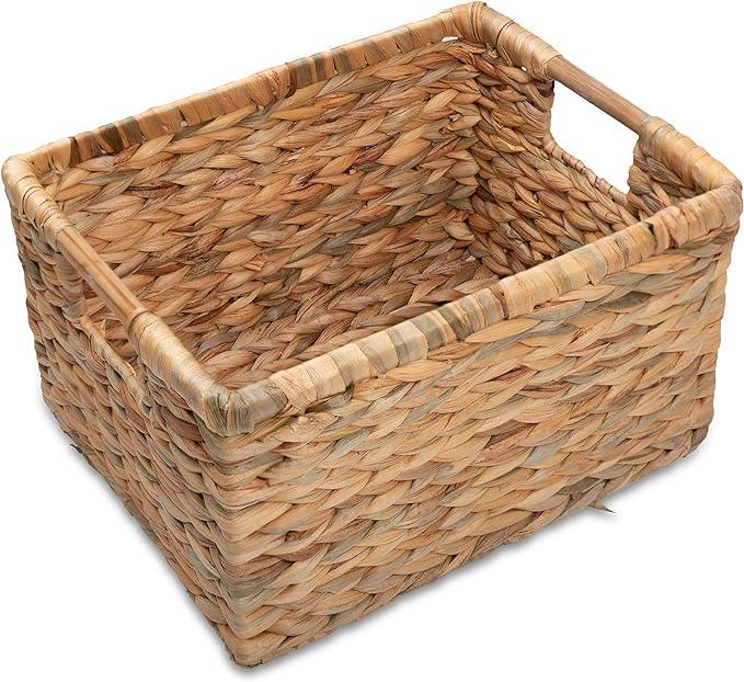 VATIMA Large Rectangular Wicker Basket with Wooden Handles for Shelves and Storage - Natural Water Hyacinth Basket for Organizing, 14.5 x 10.3 x 7.5 inches - ModernBath