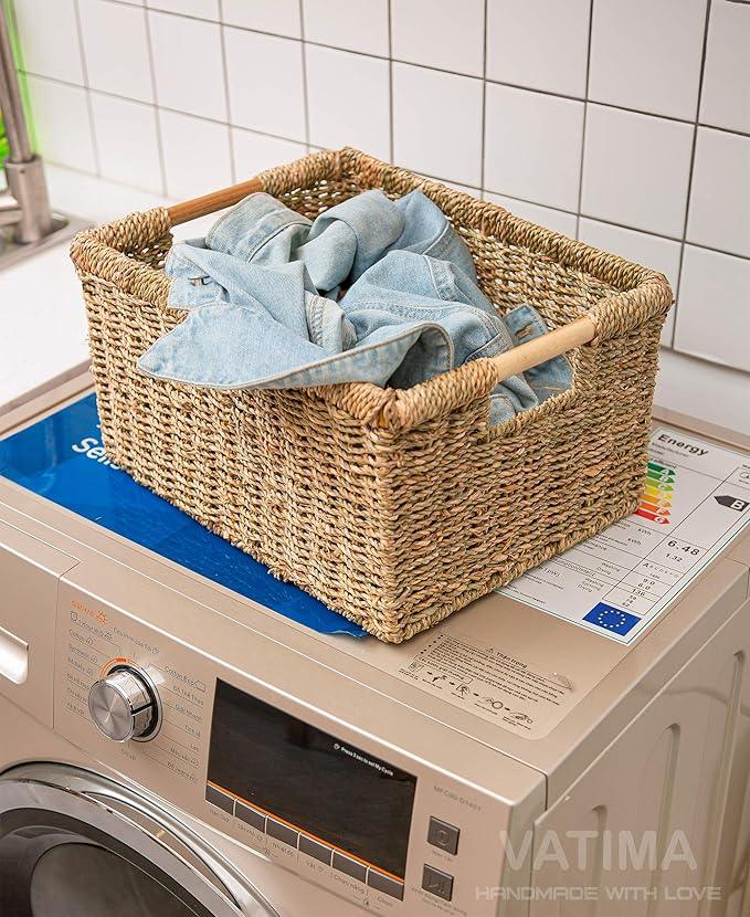 Large Wicker Storage Basket with Wooden Handles, Seagrass Basket for Shelves, Natural Wicker Bin With Handle for Storage 14.5 x 10.3 x 7.5 inches - ModernBath