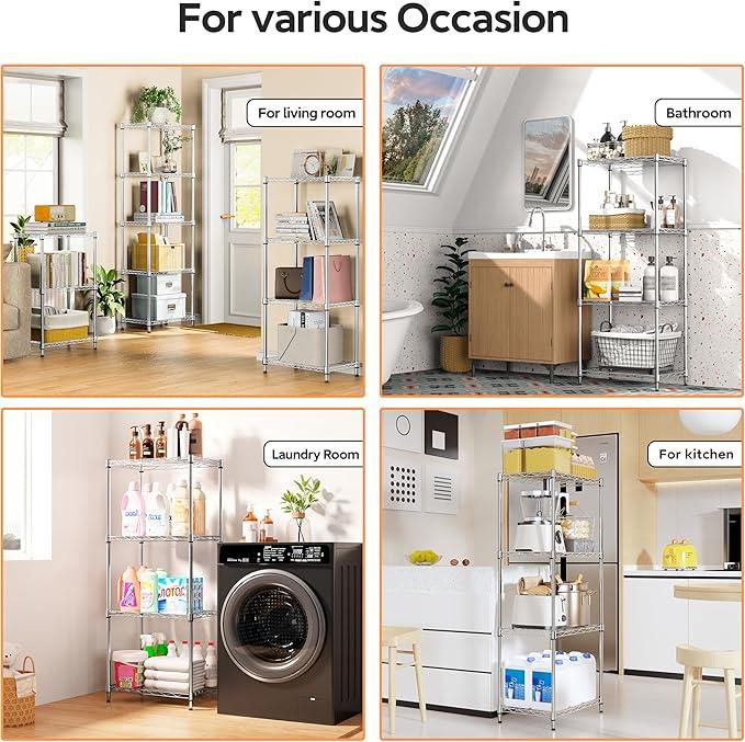 4 Tiers Shelf Metal Storage Shelves Wire Rack Closet Organizers with Wheel for Garage Kitchen Bathroom Laundry Chrome 11.8" D x 17.7" W x 41.9" H - ModernBath