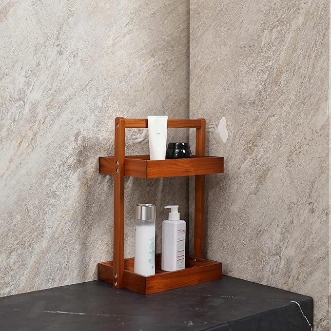 Utoplike Teak Wood Shower Caddy Corner, 2 Tier Bathroom Organizer Countertop, Standing Shower Rack with Handle, Stand Up Shower Basket for Shampoo, Shelf Rack for Inside Shower, Kitchen Desktop - ModernBath