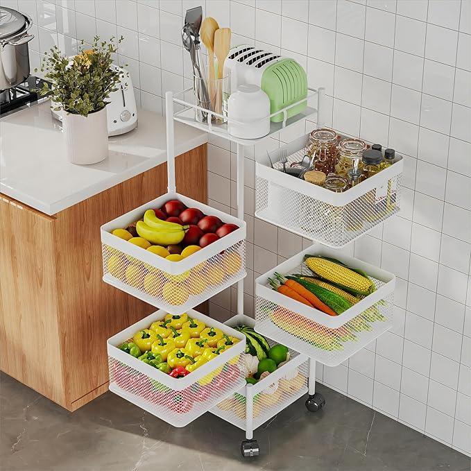 Fruit Basket for Kitchen No Assembly,Rotating Kitchen Storage Rack,Bathroom Shelf, Organizers and Storage Cart on Rolling Wheels，Potato and Onion Storage Organizer(White, 5 Tier-Square) - ModernBath