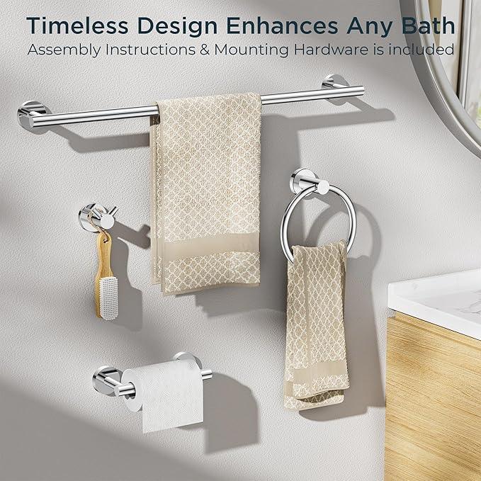 FORIOUS Bathroom Hardware Accessories Set, SUS304 Stainless Steel 24 Inch Towel Bar Set, Modern Towel Racks Holder for Bathroom Wall Mounted, 4 Pieces, Chrome - ModernBath