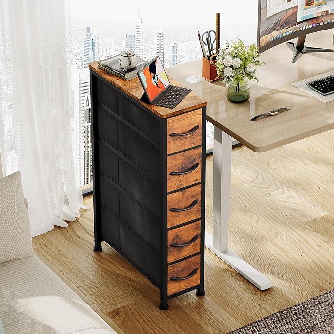 Narrow Dresser Storage Tower with 5 Drawers, Slim Dresser Chest of Drawers with Steel Frame, Wood Top, Dresser for Bedroom, Bathroom, Small Spaces, Laundry, Closet, Rustic Brown - ModernBath