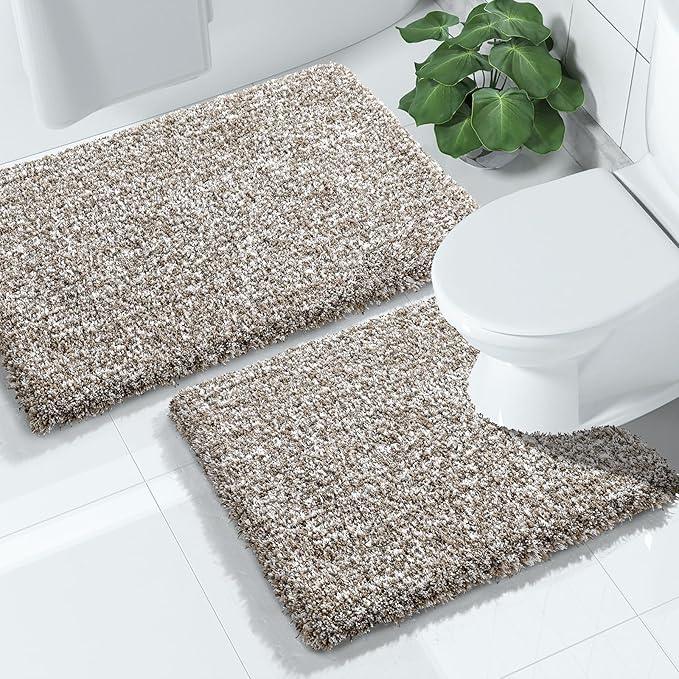 Yimobra Bathroom Rugs Sets 2 Piece, Soft Absorbent Bath Mat and U-Shaped Toilet Rug with Non Slip Backing, Machine Washable, Plush Shaggy Bath Mats for Bathroom, 32"x20"+24"x20", Light Brown and White - ModernBath