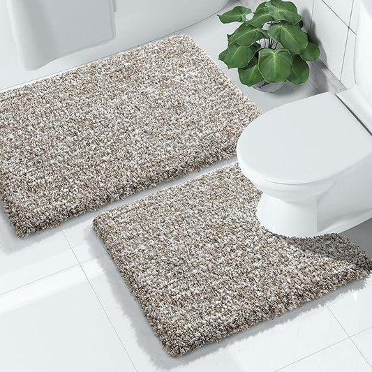 Yimobra Bathroom Rugs Sets 2 Piece, Soft Absorbent Bath Mat and U-Shaped Toilet Rug with Non Slip Backing, Machine Washable, Plush Shaggy Bath Mats for Bathroom, 32"x20"+24"x20", Light Brown and White - ModernBath