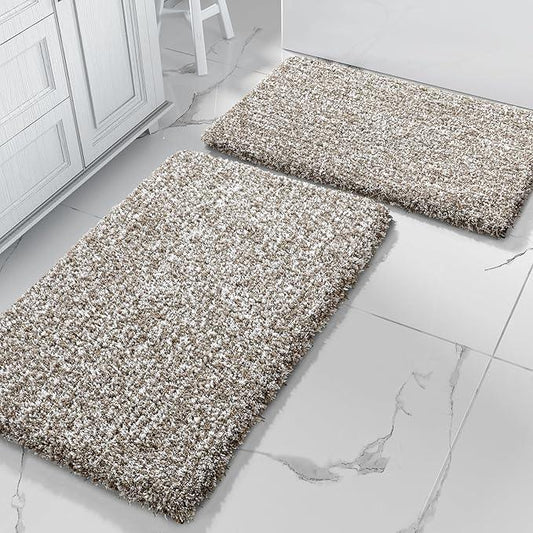Yimobra Bathroom Rug Set 2 Piece, Soft Absorbent Microfiber Bath Mat Set, Non Slip Machine Washable Dry, Plush Shaggy Shower Rugs for Bathroom Floor, 32"x20"+24"x17", Light Brown and White - ModernBath