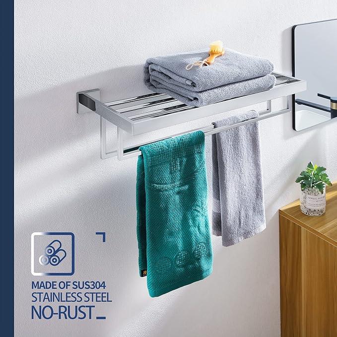 KOKOSIRI 24'' Bathroom Towel Shelf Chrome Towel Rack with Two Bath Towel Bars SUS304 Stainless Steel Wall Mounted, Polished Finish, B6003CH - ModernBath