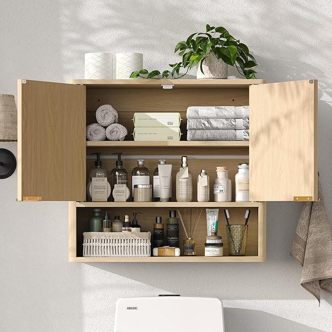 Furnideco Bathroom Medicine Cabinet with Fluted Doors, 3-Tier Modern Wall Cabinet Over Toilet, Small Hanging Storage Cabinet for Bathroom, Natural - ModernBath