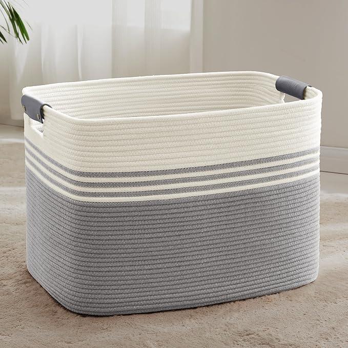 100L Extra Large Laundry Basket with Leather Handles for Living Room Storage, Woven Rope Baskets for Blanket, Kids Toy, Gifts, Wicker Hamper for Bedroom Dirty Clothes, 24"x16"x16" White Grey - ModernBath
