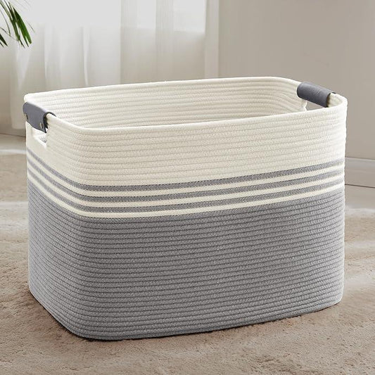 100L Extra Large Laundry Basket with Leather Handles for Living Room Storage, Woven Rope Baskets for Blanket, Kids Toy, Gifts, Wicker Hamper for Bedroom Dirty Clothes, 24"x16"x16" White Grey - ModernBath