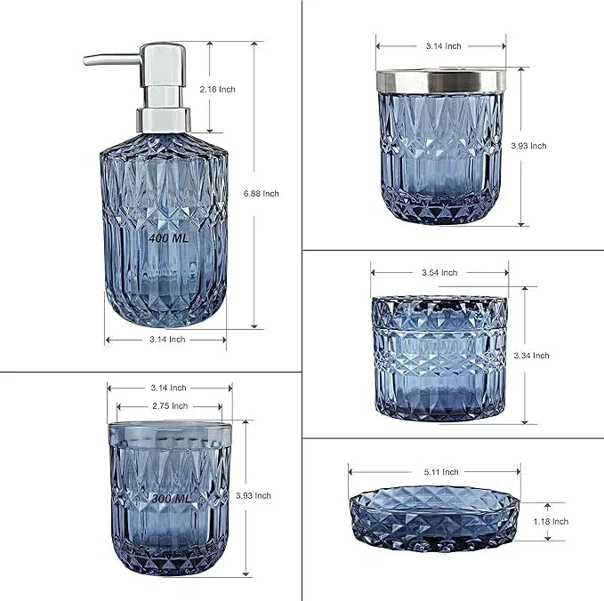 LaMarriti Blue Bathroom Accessories Set, 5Pcs Clear Glass Bathroom Accessories, Hand Soap Dispenser, Soap Dish, Toothbrush Holder Set, Qtips Holder for Crystal Vintage Bath Countertop Decor, Gift Set - ModernBath