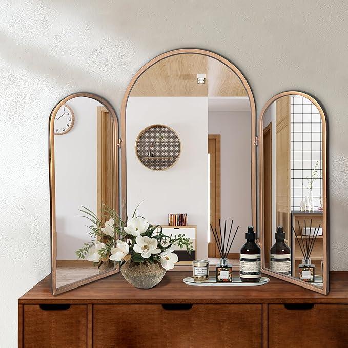 BAODANFU 3 Way Mirror Bathroom, Trifold Vanity Mirrors for Bathroom Bedroom, Large Arch Mirrors Decorative Vintage Gold, Adjustable Makeup Mirror for Braiding Hair 360° Way Tabletop & Wall Mounted - ModernBath