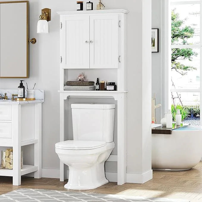 UTEX Over The Toilet Storage Cabinet, Over Toilet Bathroom Organizer with Adjustable Shelves and Double Doors, White - ModernBath