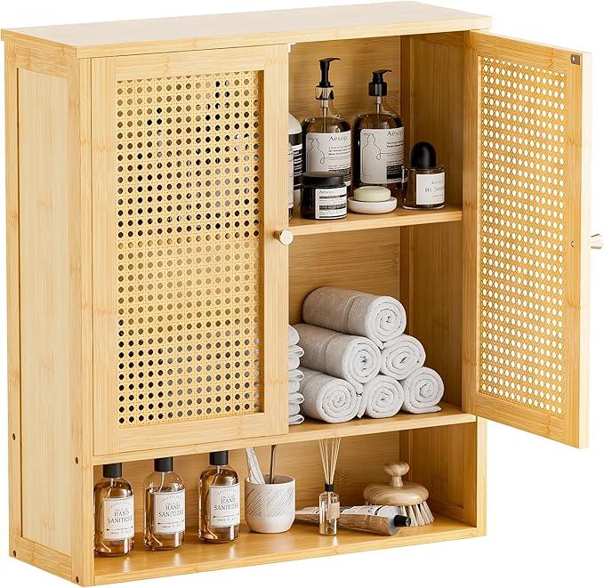 HITNET Bathroom Cabinet Wall Mounted, Rattan Medicine Cabinet, Bamboo Hanging Storage Organizer Over The Toilet with Adjustable Shelf for Living Room, Kitchen, Entryway (Natural) - ModernBath