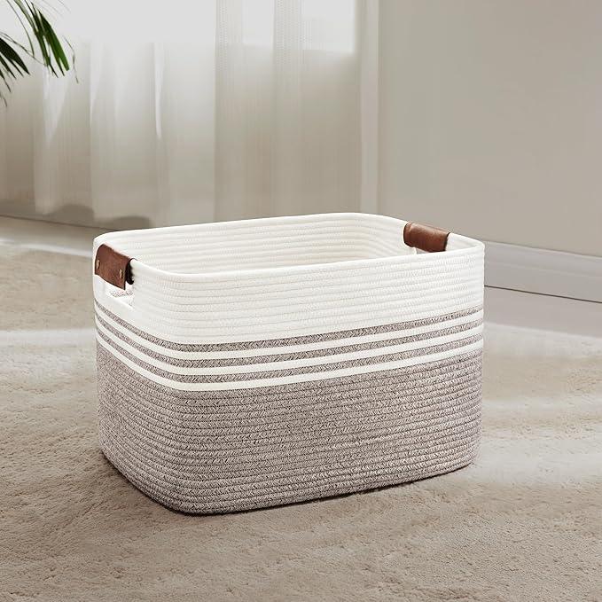 45L Small Laundry Basket with Leather Handles for Living Room Storage, Woven Rope Baskets Bin for Blanket, Kids Toy, Gifts, Wicker Hamper for Bedroom Dirty Clothes, 18"x14"x11" Dark Brown - ModernBath