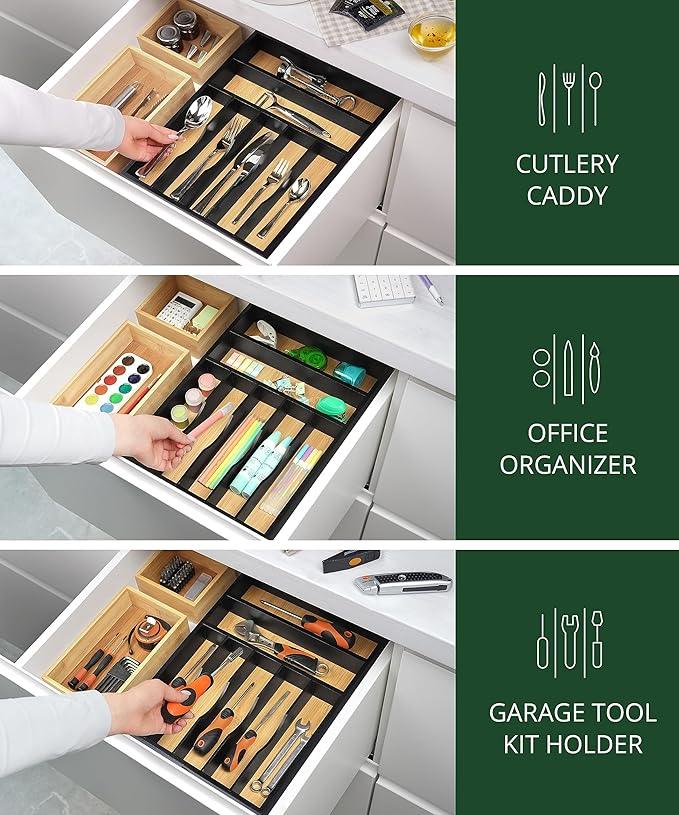 ROYAL CRAFT WOOD Luxury Bamboo Kitchen Drawer Organizer - Silverware Organizer - Utensil Holder and Cutlery Tray with Grooved Drawer Dividers for Flatware and Kitchen Utensils (7 Slot) - ModernBath