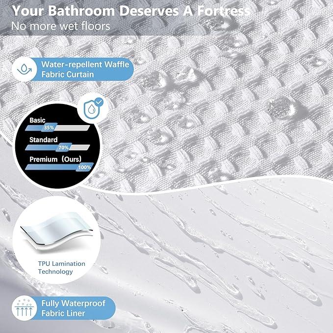 VANZAVANZU Luxury 3 in 1 Shower Curtain Set 3D Textured Waffle Weave Bathroom Curtain with Waterproof SGS Certified Fabric Liner & 12 Anti-Fall Stainless Steel Hooks, Machine Washable 72"x78" (White) - ModernBath