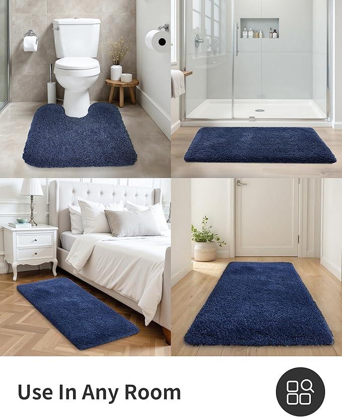 ILANGO Navy Blue Toilet Rugs U Shaped 22" × 24" Non Slip & Super Absorbent Extra Thick Soft, Washable Bath Mats for Bathroom Floor, Microfiber Plush Shaggy Contour Bath Rugs for Toilet,Dry Quick - ModernBath