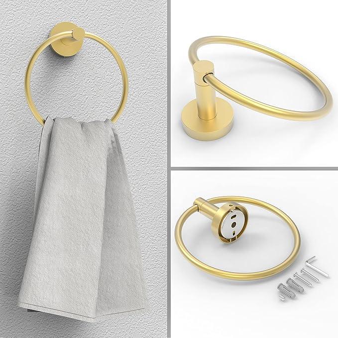 Gold Toilet Paper Holder & Towel Ring SUS304 Stainless Steel 2pc Bathroom Hardware Set with Double Post Pivoting Toilet Paper Roll Holder Wall Mount & Bathroom Towel Holder Set - ModernBath