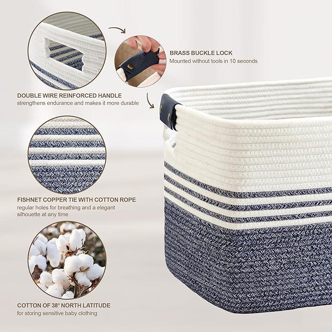 60L Large Laundry Basket with Leather Handles for Living Room Storage, Woven Rope Baskets Bin for Blanket, Kids Toy, Gifts, Wicker Hamper for Bedroom Dirty Clothes, 21"x15"x11" Denim Blue - ModernBath