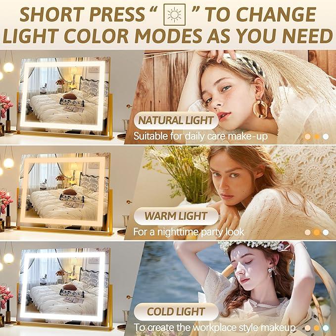 ROLOVE Vanity Mirror with Lights 22"x18", Lighted Makeup Mirror with 10X Magnification, Smart Touch 3 Colors Dimmable, 360° Rotation, Women Gift, Dresser Mount, Bathroom (Gold) - ModernBath