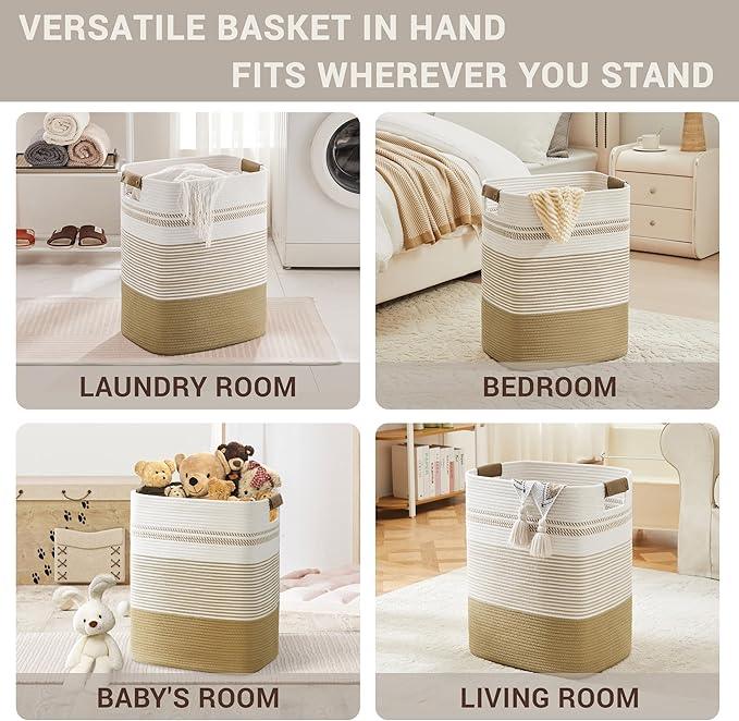 85L Tall Laundry Hamper with Handles for Living Room Storage, Extra Large Woven Rope Baskets Bin for Blanket, Kids Toy, Gifts, Wicker Hamper for Bedroom Dirty Clothes, 17"x14"x22" Khaki - ModernBath