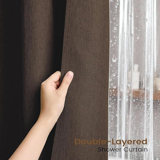 BTTN Brown 3 in 1 Shower Curtains with Clear Liner, Linen Textured Decorative Cloth Shower Curtain PEVA Liner Set with Plastic Hook, Modern Hotel Luxury Waterproof Shower Curtain for Bathroom, 72x72 - ModernBath