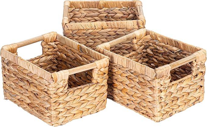 Small Wicker Baskets for Organizing Bathroom, Hyacinth Baskets for Storage, Wicker Storage Basket with Wooden Handle, Decorative Small Basket 10 x 7.5 x 6.3 inches - 3 Pack - ModernBath