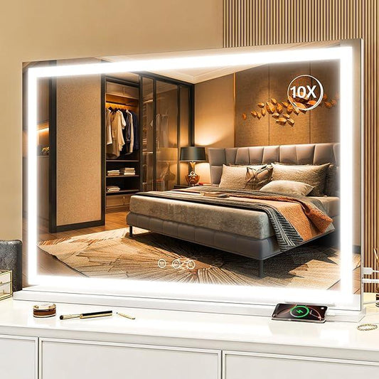 ROLOVE Large Vanity Mirror with Lights 35.5" x 27", LED Hollywood Makeup Mirror with USB Charging Port, 3 Color Modes, Dimmable Touch Control, 10X Magnification, Wall Mounted or Tabletop - ModernBath