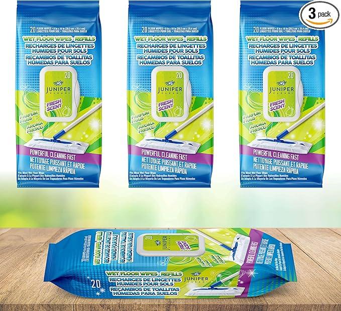 Juniper CLEAN Wet Floor Wipes, Multi Surface Floor Cleaner Wet Mop Pads Fit Swiffer Sweeper Mop, Fresh Scent & Plant-Based Textured Cloth Trap Absorb Dirt, 20 Count (Pack of 3) - ModernBath