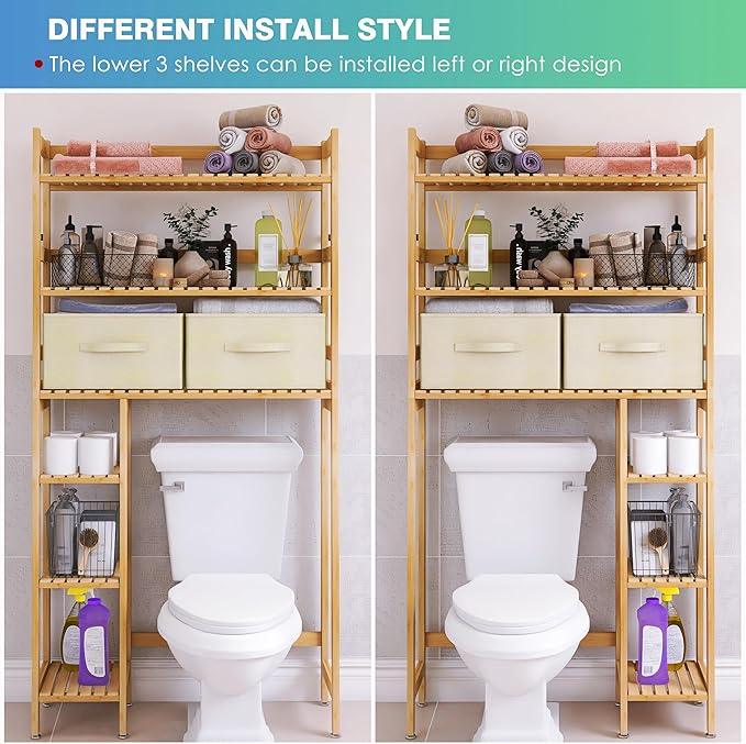 SMIBUY Over The Toilet Storage, Bamboo 6-Tier Bathroom Storage Shelf with Drawers, Freestanding Above Toilet Organizer Rack, Mass-Storage, Space Saver for Small Room (Natural) - ModernBath