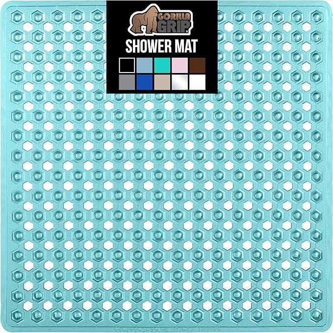 GORILLA GRIP Patented Square Shower Stall Mat, Small Bathtub Floor Mats for Stand Up Showers, Suction Cups and Drainage Holes, Machine Wash, Soft on Feet, Bathroom Accessories 21x21 Inch, Turquoise - ModernBath