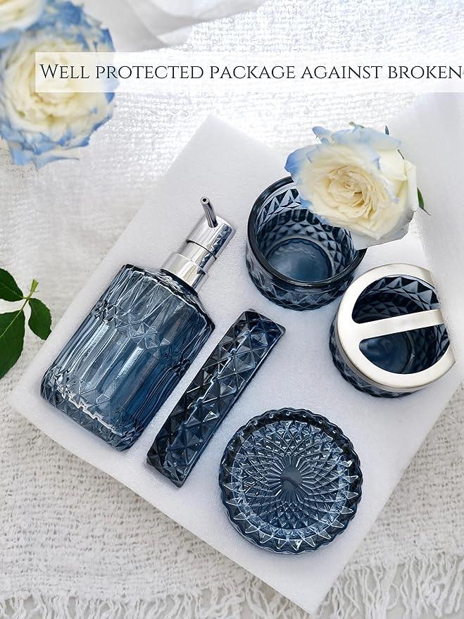 LaMarriti Blue Bathroom Accessories Set, 5Pcs Clear Glass Bathroom Accessories, Hand Soap Dispenser, Soap Dish, Toothbrush Holder Set, Qtips Holder for Crystal Vintage Bath Countertop Decor, Gift Set - ModernBath