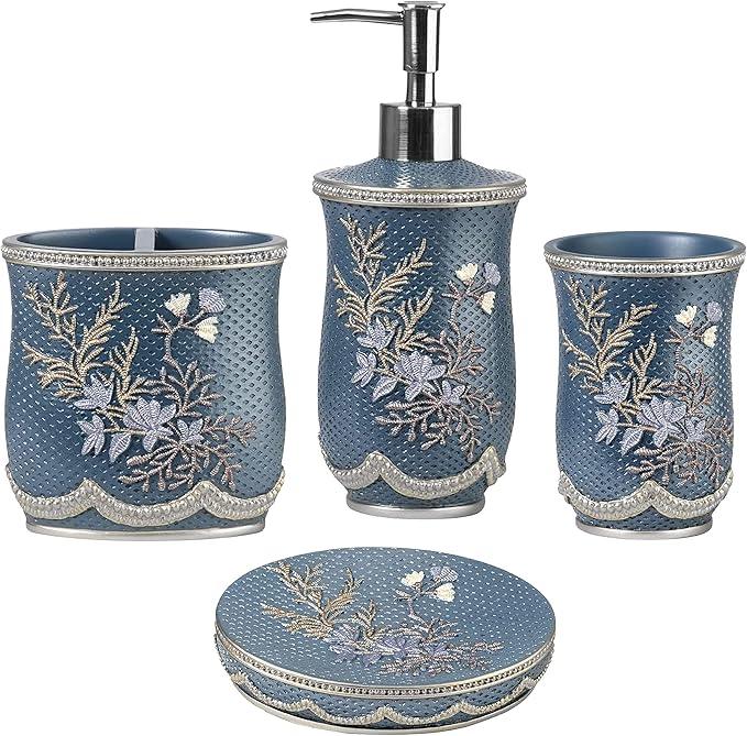 Zahari Home 4pc Capri Bathroom Accessories Sets Modern Classic Soap Dispenser, Tumbler, Tooth Brush Holder and Soap Dish Holder Unique Design Royal Blue Bathroom Set - ModernBath
