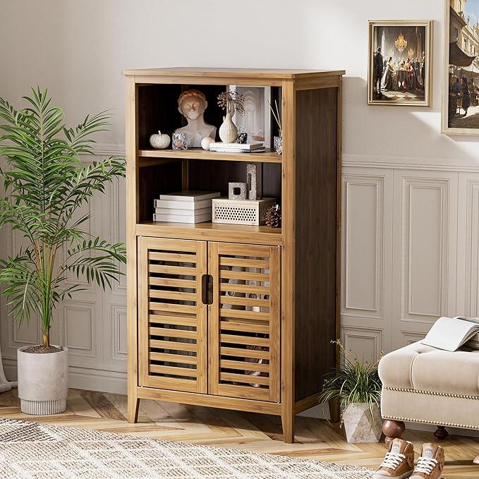 HITNET Walnut Bathroom Floor Cabinet, Bamboo Side Tall Storage Organizer, Freestanding Kitchen Cupboard with Door and Removable Shelf - ModernBath