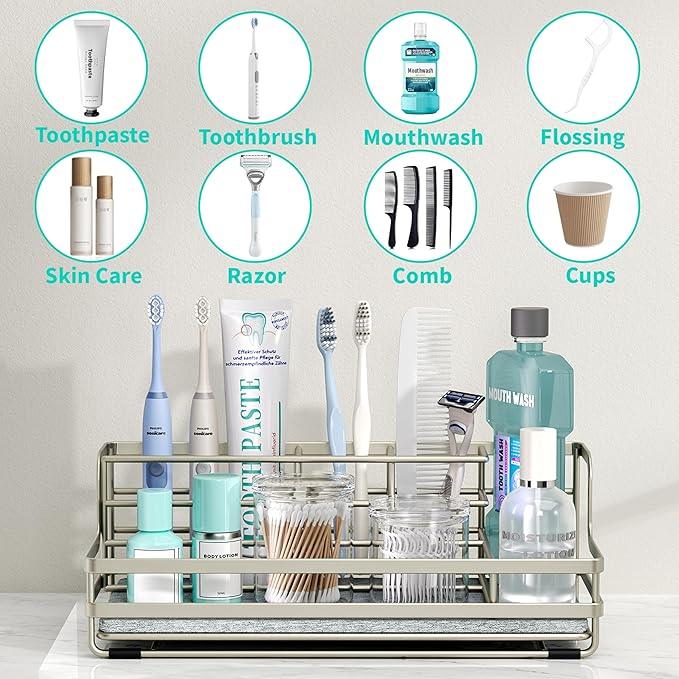 HapiRm Toothbrush Holders for Bathroom - 5 Partitions Bathroom Counter Organizer with Instant Drying Stone, Stainless Steel Countertop Storage Electric Toothbrush Toothpaste Holder - Brushed Nickel - ModernBath