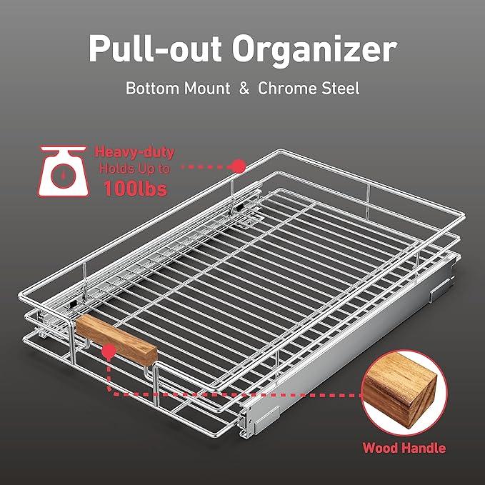 Pull Out Cabinet Organizer(14" W x 21" D), Heavy Duty Slide Out Pantry Shelves, Storage Shelf Drawer Basket for 15-1/4” Cabinet Opening, Pull Shelf Storage for Pots, Chrome - ModernBath