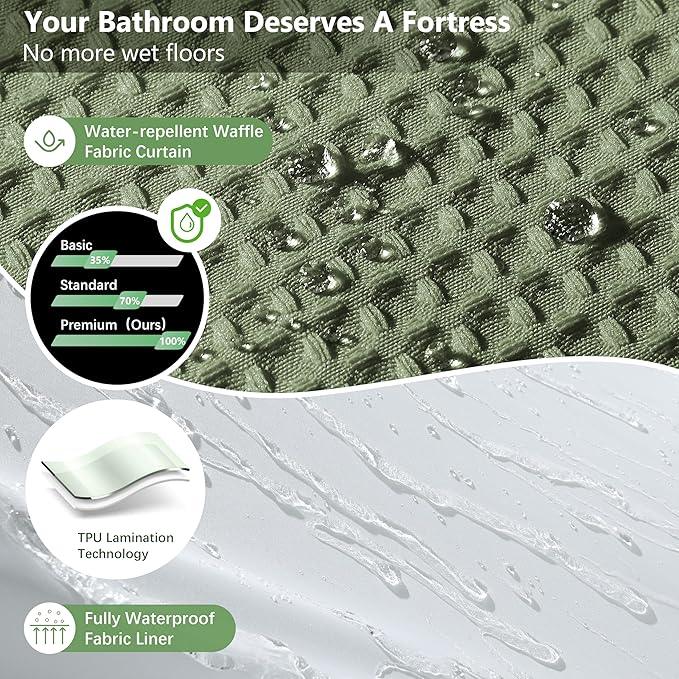 VANZAVANZU Luxury 3 in 1 Shower Curtain Set 3D Textured Waffle Weave Bathroom Curtain with Waterproof SGS Certified Fabric Liner & 12 Anti-Fall Stainless Steel Hooks, Machine Washable 72"x78" (Green) - ModernBath